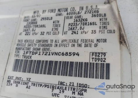 1997 Ford F-150 Standard/Xl/Xlt из США, поврежденный, VIN 1FTDF1721VNC68594